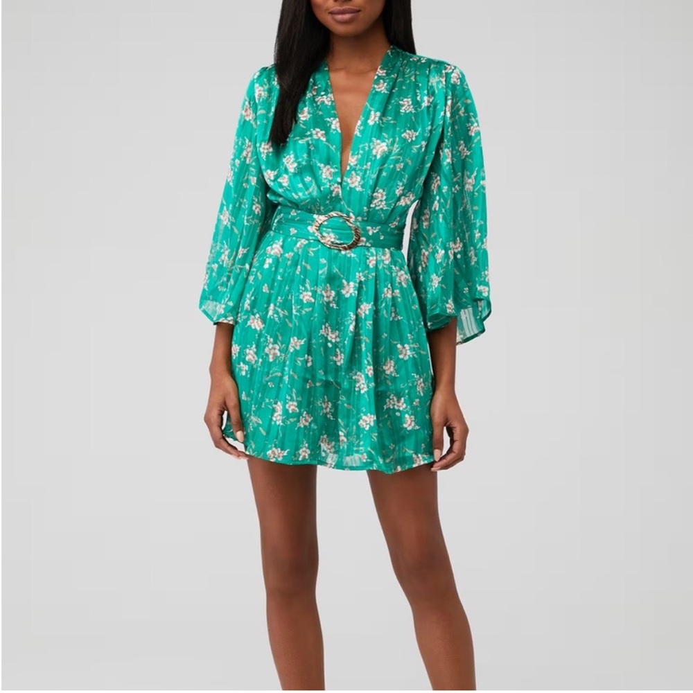 Sabina Musayev sz XL Adeline Dress Green Floral Belt Mini Wide Sleeves